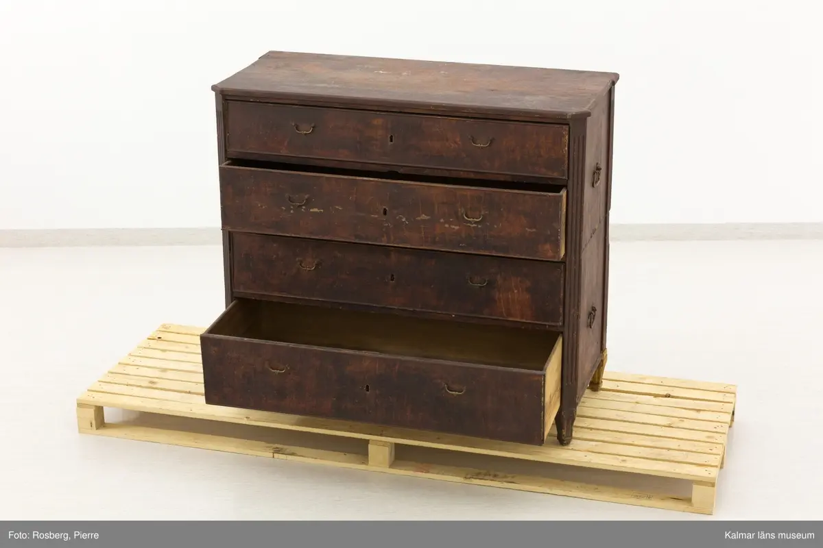 KLM 10747. Kista, dragkista. Av trä, furu, i sengustaviansk stil. Två stapelbara kistor med två lådor vardera istället för lock som på en vanlig kista. Varje del har handtag på kortsidorna så att de går att bära vid flytt. Som möbel fungerar den som en byrå. Räfflade, avskurna hörn och nedåt avsmalnande fötter, varav tre blivit utbytta till nya. Lådornas handtag är av mässing, de på kortsidorna av järn. Möbeln är ådringsmålad i en brun nyans, ej original. Undertill syns ett äldre färglager som går i en grå eller ljusblå nyans.