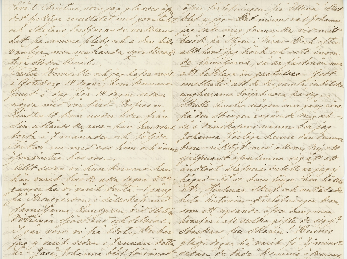 Brevet består av två brev skrivet till Johanna Brunsson från Aurora 13/11 1885 och från Emilie Colliander, samma datum.

"13-de nov. 1885.

Snälla goda fröken Brunsson;

Hur oförmödadt får jag genom Oscara Häggh tillfälle att infria ett gifvetlöfte till Herr Pehrsson ang. några blommor, och tar mig friheten bedja fröken genom mjölkbudet ef. ock egenhändigt, om tillfälle erbjuit fortskaffa dem till egaren ... tack för brefvet! Ja det var ju glädjande; Måtte blott den långa föregående oron icke ha menligt inverkat på helsan och måtte arbetet gå väl och framåt! Vi alla befvo glada öfver utgången! Alla här bedja helsa. Oscara sade då hon var här att hon tänker göra ett kort besök hos fröken och derför om jag är först innan jag fick höra detta framställde min anhållan. Hvad säger Gillgren om allt? Ja det har varit en tråkikt, regnig höst, dock hade vi godt och vackert under förra veckan då vi fick åtskilligt arbete i trädgården undangjort. Ack om jag haft något rart och godt att sända fröken, det skulle gjort mig nöje men. -
Att de nya grannarne äro vänliga och beskedlige människor var bra. roligt för fröken - och sedan fins ju de gamla qvar i närheten att kunna träffa ibland. Var god och helsa alla dem vi äro bekanta med. när de takas. Har något försports från dem i förra breftet nämda fickan fr. storsbyn som är i Stockholm? Af tidningarne sågs att det blef konkurs efter Sollin; Gud hjepe den stackars Enkan? O, hvad tycker det är synd om henne! Gud bevare hvar och en ifrån att komma i en sådan olycka? Jag ser nu hur tokigt jag mistagit mig frå papperet, det vill nu en vän till både att öfverse med slarfvet samt taga reda på detsamma det är just kaffetimman, vi äro samlade och ha slagit oss ned vid stora runda bordet något pratas och misstad kan ske. Jag antar att Aurora som ock skrifver omnämner ett och annat härifrån och för att icke samma skall omtals af 2-ne slutas med att helsa fröken från oss alla. Lef väl - sköt helsan och glöm förtretligheter beder vänligen med tillgifvenhet
Emilie Colliander."

"Romelid den 13/11 1885.

Snälla Goda Johanna!

Många tackar för det långa vänliga brefvet, som för länge sedan borde blifvit besvaradt och, som troligen ämna kommit att dröja längre om ej Oscara skulle resa och jat tyckte det föll sig så små trefligt att få brefvet med henne, då hon sade sig ämna besöka Johanna - Vi hafva nämligen granska brådtom eljest vore allt vännen Johanna den, som sist finge vänta. Jag fick Johannas bref samma dag vi foro till G-borg och var Christine A-son just här då, och sedan jag först för mig sjelf genom läst samma tog jag mig friheten läsa det för Christine, som tyckte det var både intressant och välskifvet - hon hade äfven hört krånglit med Gillgren genom Ferdinand, som visst får ag Persson veta allt, hvad som sker i Åmål. Såväl Christine, som jag dladdes öfver det lyckliga resultatet med qvartalet och skolans fortfarande verksamhet på samma plats och i den lilla vänliga, men måhända sqvalleraktiga staden Åmål.
Faster Henriette och jag hafva varit i Göteborg 14 dagar; hem kommo just i dag för 14 dagar sedan nöjda med vår färd - Professor Lindhult kom under tiden från sin utlänska resa ä han har varit borta i 7 månader och följde Farbror nu med oss hem och ämnar öfvervintra hos oss -
Allt sedan vi hem kommo har här varit besök alla dagar - 2-ne gänger ha vi varit borta - 1 gång på Kronogården i sällskap med familjerna Lundgren, vid station Vitrinär Sjöstrand och Selvins -
Igår voro vi på Edet - Det har jag ej varit sedan i Januari detta år - Jaså, Johanna blef förvånad öfver förlofningen på "Ellenå"! Det blef ej jag - Det minns väl Johanna jag sade mig förmärka vid mitt besök på Stigen i Våras - Dock efter allt hvad jag hört och sett inom de familjerna, så är fästmöm mer att beklaga än gratulera - Godt emellertid att de der gamla inbilska ungherrarne börjat röra på sig - 
Skulle Amelie någon mer gån rör på den strängen angående mig och så i vänskapens namn ber jag Johanna förtaga henne den dumma tron - riktigt med allvar; Nej, att sjelfmant öfverlemna dig åt ett ändlöst slafveri; dertill är jag ej hägad - Få se huru länge hon håller ut - Hjalmar skref och omtalade hela historien - förlofningen kom som ett nysande öfver dem; men hvarför i all verlde gifta de sig ej? Stackars fru Skarin! Hennes glädjedagar ha varit få - Ej minst sedan de båda "kommo öfverens. om ett framtida förbund - Af trädgårdsmästare Edman hörde jag att Maria Andersson varit sängliggande och att Patron varit i G-borg fär att få massage ä han lär vara vättre. Vi hafva nu på Stigen det 5 kg tyger i år till spinning o väfnin- Förlåt mig, som visst glömt säga Johanna att jag ej behöfver något underkjolstyg, ty jag har ändrat en gammal klädning till kjol istället - Hvad Elisabeth måtte vara lycklig - med alla sina bestyr - Man, barn och fjäderfå i oändlighet - de senarem som bara hittils varit till otroligt bevär och ringa nytta. Var så innerligt snäll och helsa, Vernerska familjen och bed Amelie ej glömma af mig med ett långt o roligt bref - hon har lofvat mig det och i dylika fall är jag mycket mån om att min nästa skall "stå vid ord"- Man kan ej hjelpa att man är egoistisk - Papa har flera gånger, åtminstone 2, träffat Gillgréns Obs! Fortsättning på mammas 4 sida.

Kyrkoherden har alltid varit vänlig och sig lik - Godt att han är ledig från befattningen vid Johannas skola - Hvem är i hans ställe? Gick vägmästar'n tillbaka igen? Helsa lilla Larsson och Gejberg då de träffas. Så äfven andra bekanta som minnas mig och som vilja hafva en påminnelse och helsning från Johannas länga svart vän, Glöm ej Brandzells. På Sjuntorp må de godt. Alfreds fot är fullkomligt återställd, men får han allt vara försigtig. Anna c-der är ännu borta - Jemt i dag 10 veckor sedan hon for - kommer väl snart hem, hoppas jag - Farbror Robert är ganska klen - Under veckan har det gått fram och tillbaka - Just nu kom Sara ut och sade att han blifver sämre på en stund men had då ofta varit litet besynnerlig; dock aldrig så, som nu. Nu kommer Lars och vill hafva brefvet till Skrehall - Detta kommer till Johanna vid middagstiden således god middag! Alla helsa hjertg. och framför till alla bekanta helsningar från Johannas tillgifna och tacksamma
Aurora"