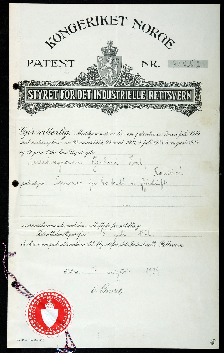 Patent besvis. Tildelt Herredsagronom Gerhard Hval, Romedal for patent på: "apparat for kontroll av fjøsdrift" Patent NR. 61252.