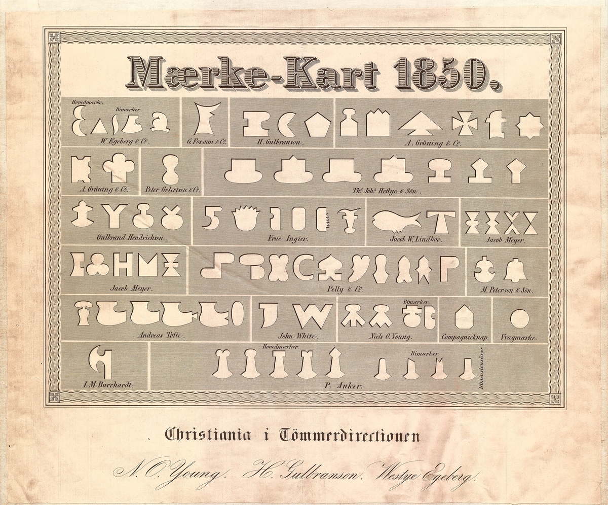 Merkekartet viser de merkene som hver enkelt tømmerkjøper hadde. Merket ble påslått med en merkeøks, figurøks.  Merkekartet av papir er festet til et stykke tøy. Merkekartet har 82 merker som fordeler seg på 20eiere.  Merkene er risset inn med svart innenfor avdelte felt. Hvert felt representerer det firmaet eller den personen som eier merket. 