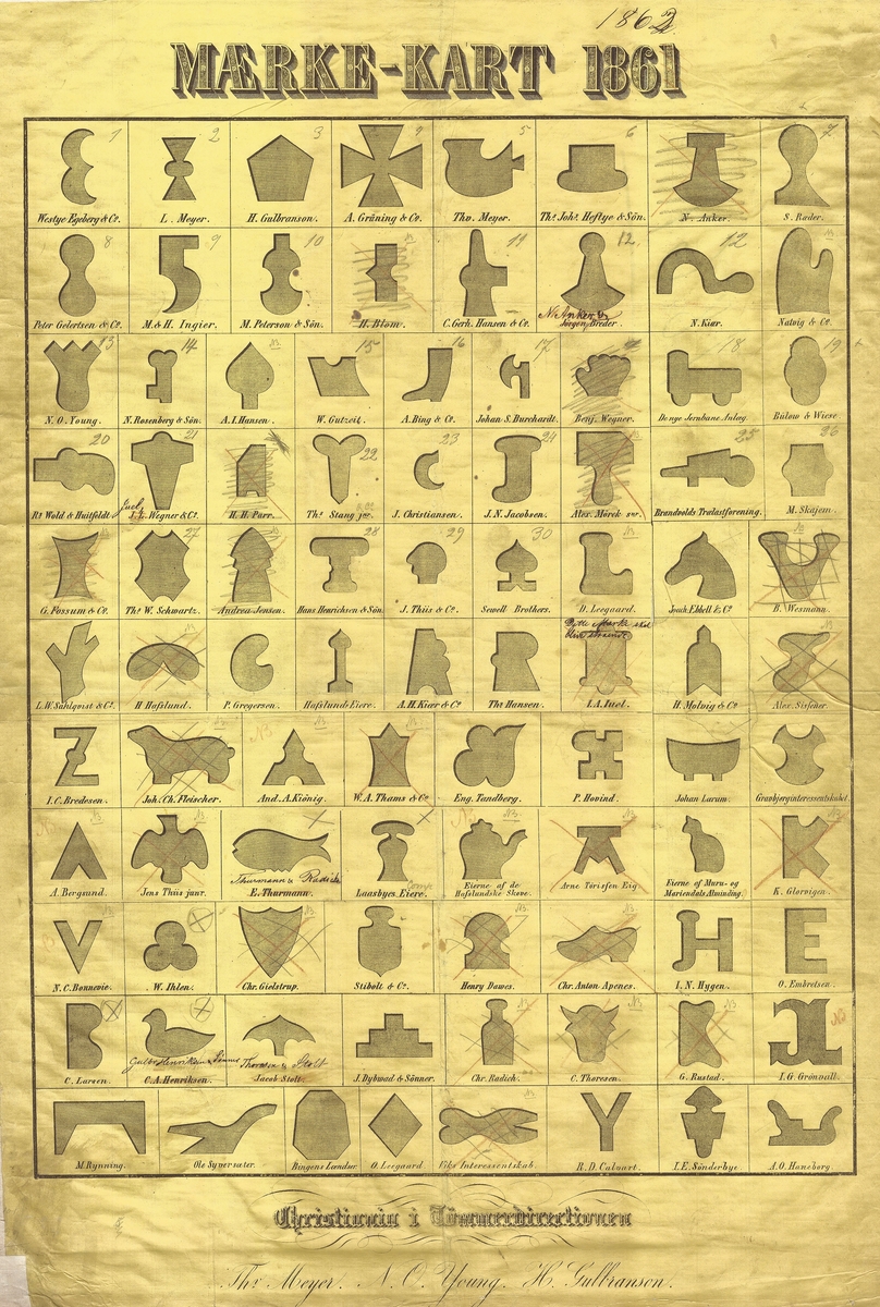 Merkekartet viser de merkene som hver enkelt tømmerkjøper hadde. Merket ble påslått med en merkeøks, figurøks.  Merkekartet av papir er festet til et stykke tøy. Merkekartet har 92 merker som fordeler seg på 92 eiere.  Merkene er risset inn med svart innenfor avdelte felt. Hvert felt representerer det firmaet eller den personen som eier merket. 

Merkene på kartet fordeler seg på disse firmaene/personene som alle er representert med ett merke hver: Westye Egeberg & Co, L.  Meyer, H. Gulbrandson, A. Grüning & Co, Thv. Meyer, Ths. Johs. Heftye & Søn, N. Anker, S. Ræder, Peter Gelertsen & Co, M. & H. Ingier, M. Peterson & Søn, H. Blom, C. Gerh. Hansen & Co, Jørgen Breder, N. Kiær, Natvig & Co,  N. O. Young, N. Rosenberg & Søn,  A. I. Hansen, W. Gutzeit, A. Bing & Co, Johan S. Burchardt, Benj. Wegner, De nye jernbane Anlæg,, Bülow & Wiese,  Rs. Wold & Huitfeldt, J. L. Wegner & Co, H. H. Parr, Ths. Stanh j. nr., J. Christiansen, J. N. Jacobsen, Alex. Mørch snr., Brandvolds Trælastforening, M. Skajem, G. Fossum & Co, Ths. W. Schwartz, Andrea Jensen, Hans Henrichsen & Søn, J. Thiis & Co, Sewell Brothers, D. Leegaard, Jacob Ebbell & Co, B. Wesmann, L. W. Sahlqvist & Co., H. Hafslund, P. Gregersen, Hafslunds Eiere, A. H. Kiær & Co, Ths. Hansen, I. A. Iuel, H. Molvig & Co., Alex. Sissener, I. C. Bredesen, Joh. Ch. Fleicher, And. A. Kiønig, W. A. Tams & Co, Eng. Tandberg, P. Hovind,  Johan Lærum, Gravbjerginteressentskabet, A. Bergsund, Jens Thiis jr., E. Thurmann, Laasbyes Eiere, Eierne af de Hafslundske Skove, Arne Tørissen Eig, Eierne af Muru-og Mariendals Alminding, K. Glorvigen, N. C. Bonnevie, W. Ihlen, Chr. Gielstrup, Stibolt & Co, Henry Dawes, Chr. Anton Apenes, I. N. Hygen, O. Embretsen, C. Larsen, C. A. Henriksen, Jacob Stolt, J. Dybwad & Sønner, Chr. Radich, C. Thoresen,  G. Rustad,  I. G. Grønvall, M. Rynning,  Ole Syversæter,  Bingens Lændser,  O. Leegaard, Viks Interessentskab, R. D. Calvart, I. E. Sønderbye, A. O. Haneborg





