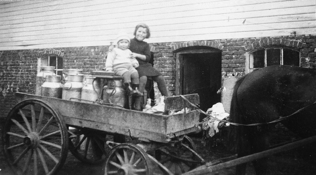 Hest med mjølkekjerre framfor brunnhuset på Steinsland, bnr. 1. Ingeborg Steinsland g. Dalaker (1931 - ) og Målfrid Steinsland g. Sandved (1937 - ) sit på lasset.
