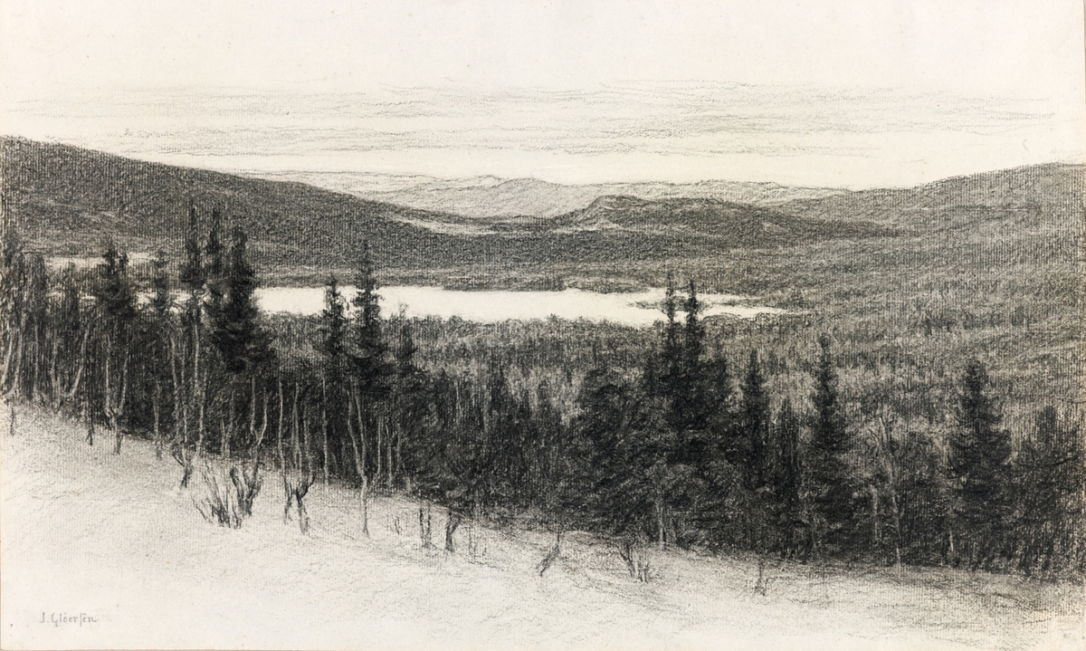 Landskap sett fra tregrensen ned mot vann og fjell bak.