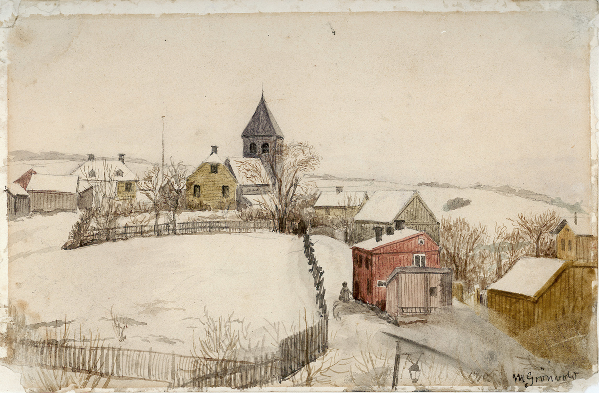 vinterbilde, kirke, kirketårn, småhus