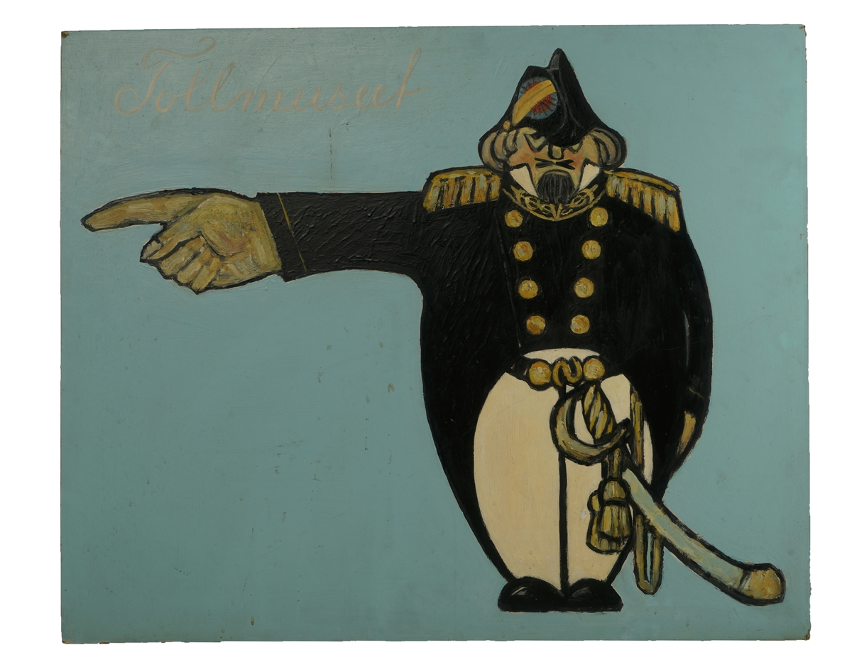 Firkantet malt trefiberplate. Gallauniformert toller peker i en retning