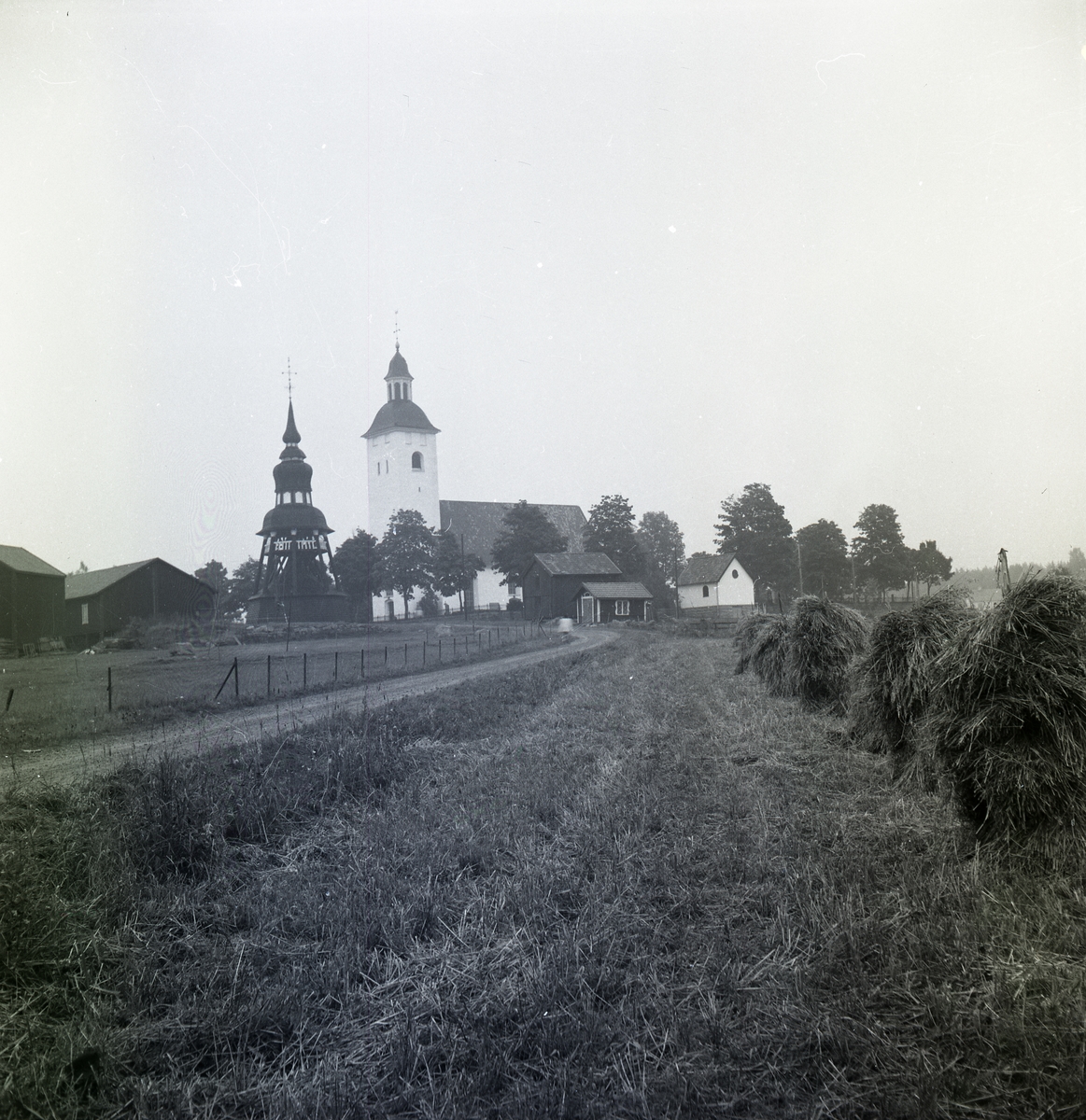 En väg slingrar sig fram mot Hälsingtuna kyrka. Längs vägen står hässjor.