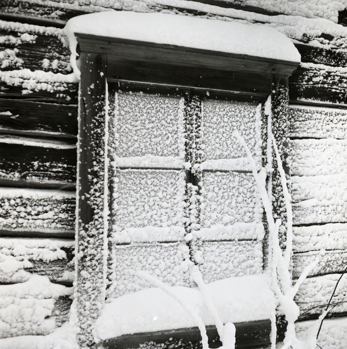 Drevsnö på en gammal byggnad på Utegården i Rengsjö, 1 februari 1953.