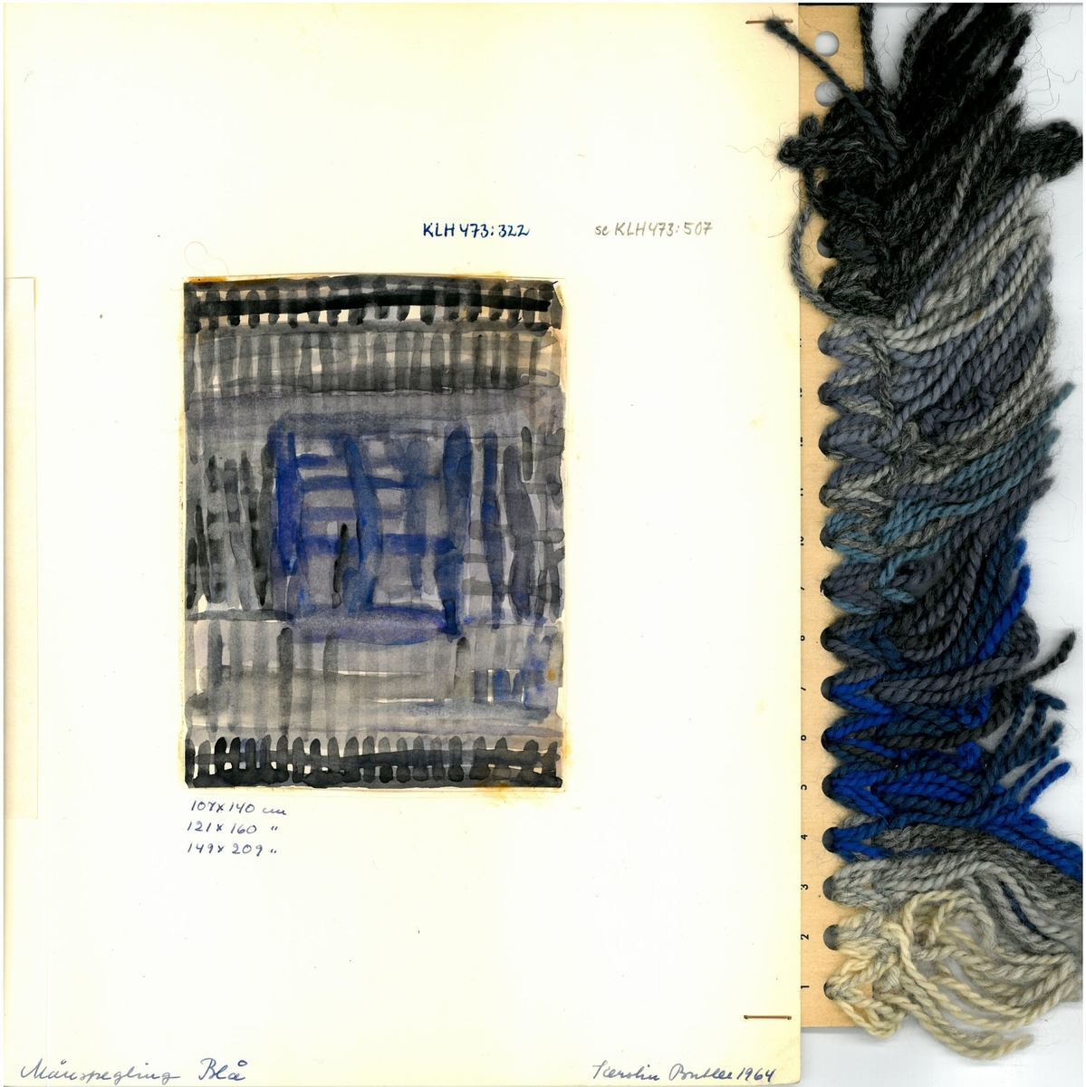 Skiss och garnblandningar till flossa-och ryamatta. 
Månspegling
Formgivare: Kerstin Butler 1964