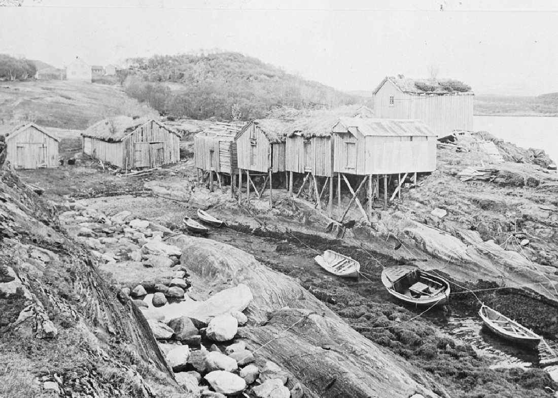 Leirfjord, Reines. Den gamle naust- og bryggebebbyggelsen i "Reinessjøen".
Bildet er brukt i Leirfjordkalenderen - januar 1999