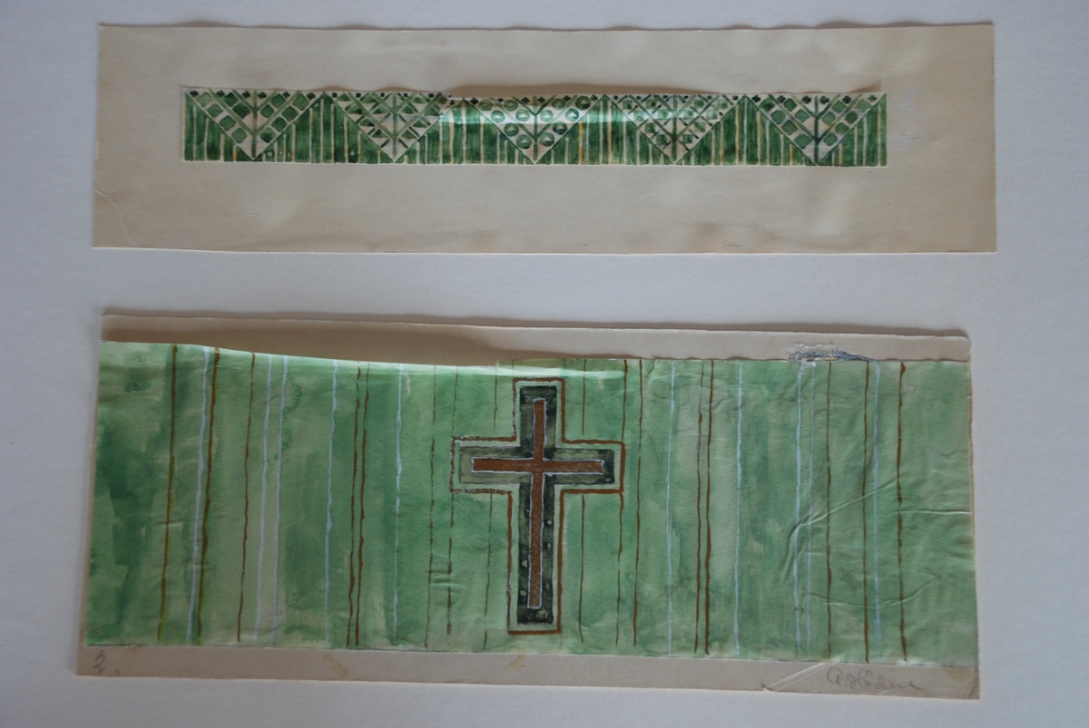 Förslag kyrkliga textila föremål till kyrka i Jämtland.