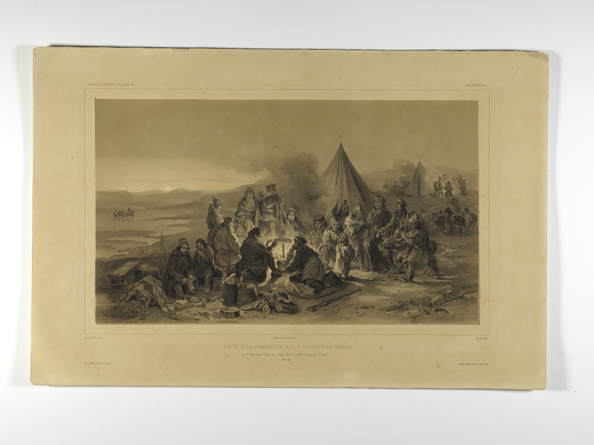 Ekspedisjonsmedlemmer rundt bål. Rast i teltleir hos flyttsamer. Lupsäkoppi 1839.