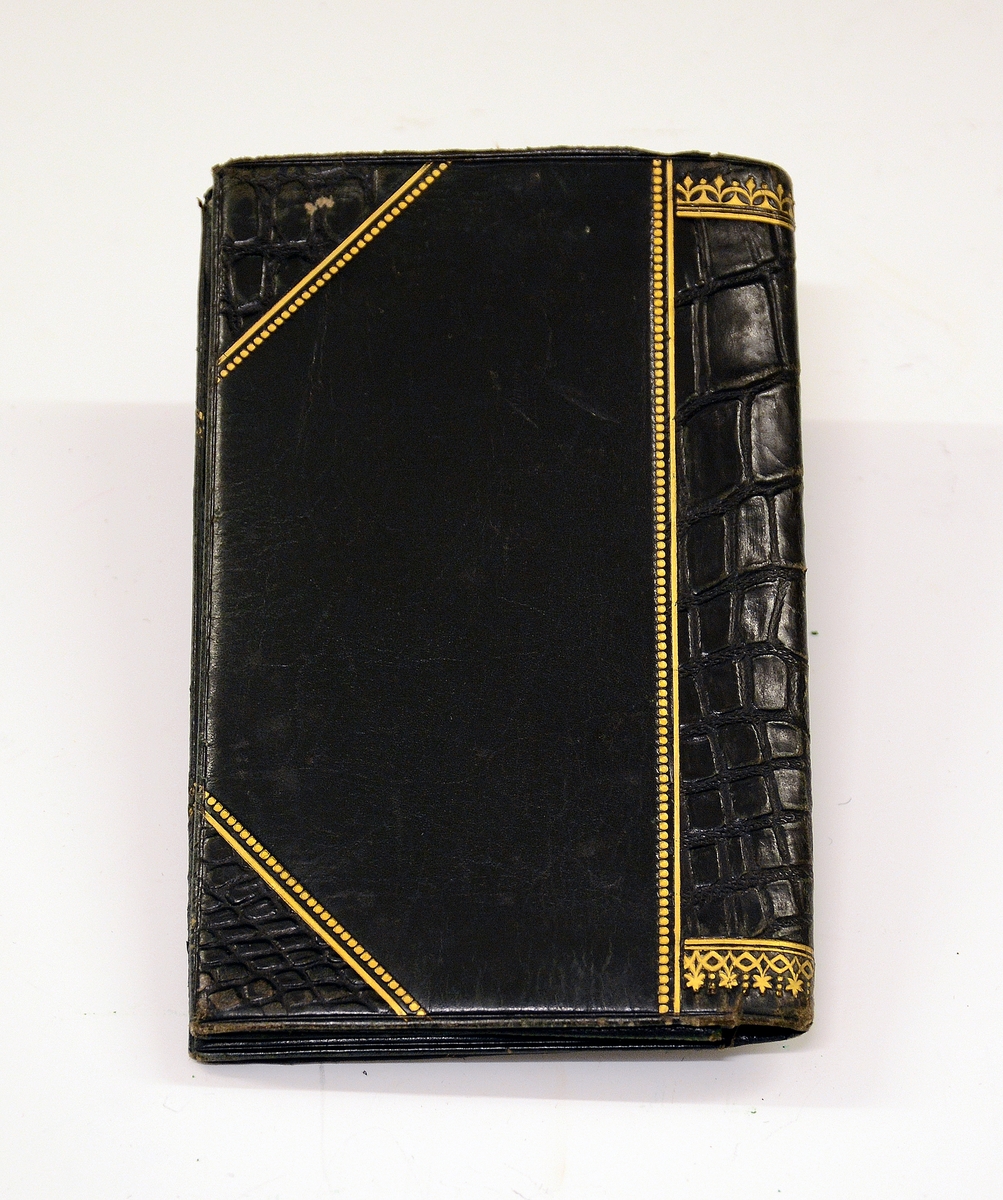 Liten lommebok i grønt skinn med to rom, mosegrønt fôr. Utsiden med preget dekorrender i gull. En side mangler sømmen.
Innlagt konvolutt med to resepter fra Henrik Ibsens privatlege, Dr. med. Edvard Bull. Den ene resepten datert 14/3 1903. En tredje resept, italiensk, datert 31. mai 1897.