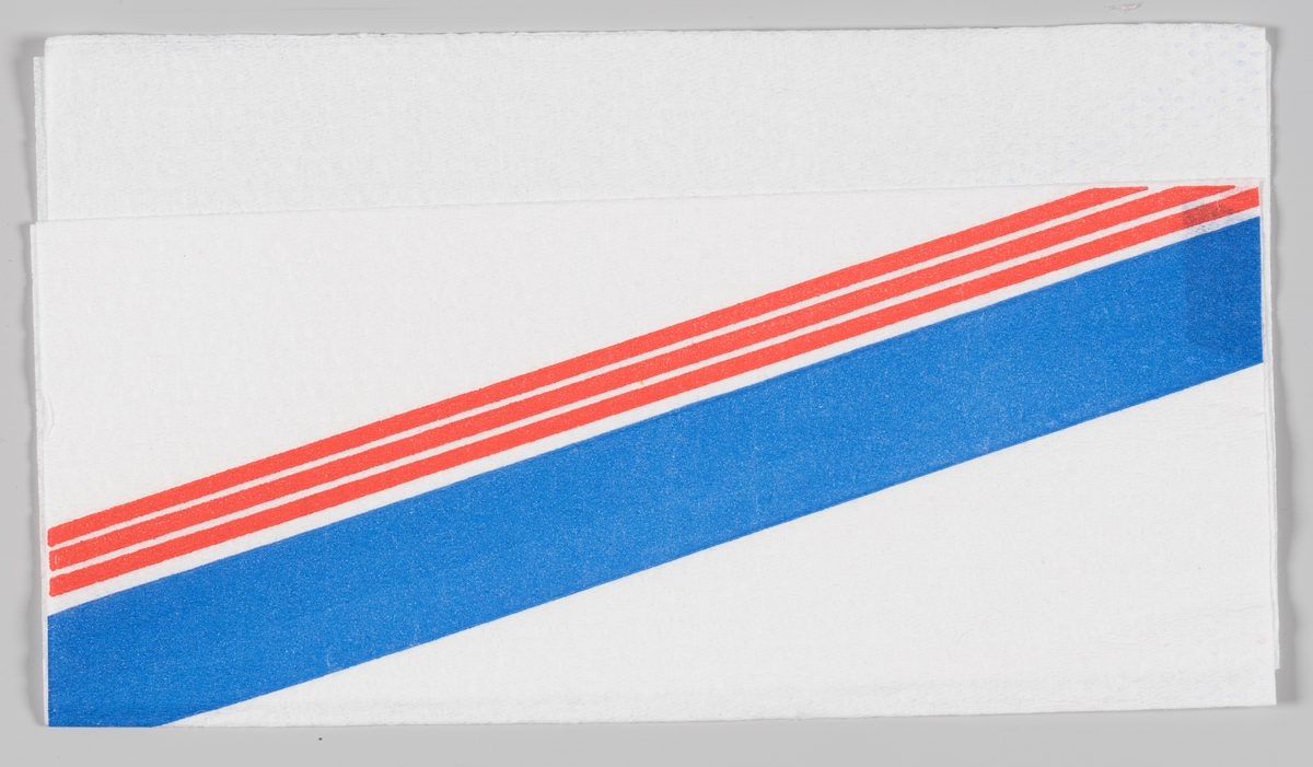 En reklamelogo med tre røde striper og en bred blå stripe