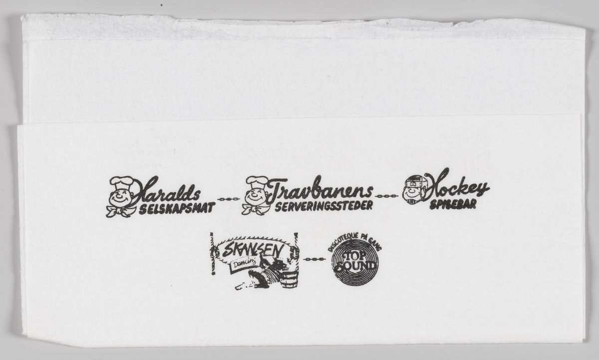 To kokke og en person med hockeyhjelm og reklametekst for Haralds Selskapsmat, Travbanens Serveringssteder, Hockey spisebar, Skansen Dancing og discoteque Top sound