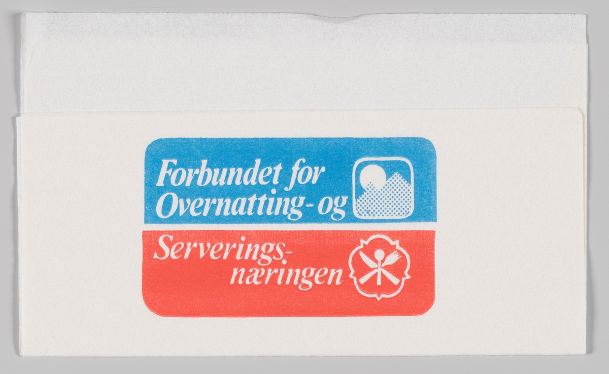 Logoer og reklametekst for Forbundet for Overnatting- og Serveringsnæringen.

Samme reklame på serviett MIA.00007-004-0048 og MIA.00007-004-0049.