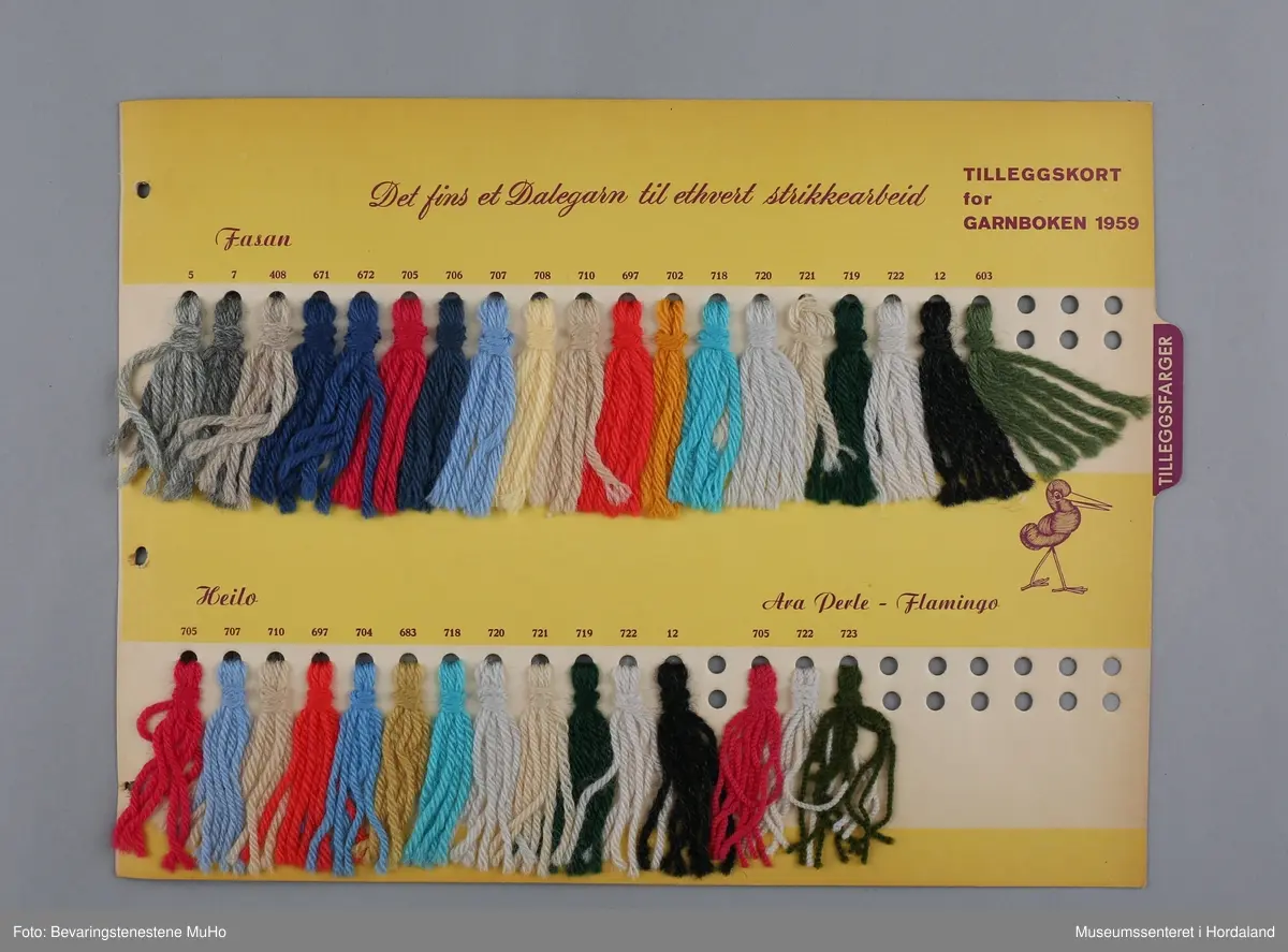 Garnbok frå garn frå Dale Fabrikker, med kort med garnprøvar på alle fargar og garn.
Garnprøver til Hubro, Fink, Sisik, Falk, Stork, Fasan, Heilo, Trane, Hauk (nylonforsterka), Ara (perlegarn), Linerle, Flamingo og Ull-stoppegarn, og skildring av bruksområda til dei ulike garntypane. Framsida viser ein fugl laga av garnnøste, og slagordet "Det går som en lek med Dale garn".