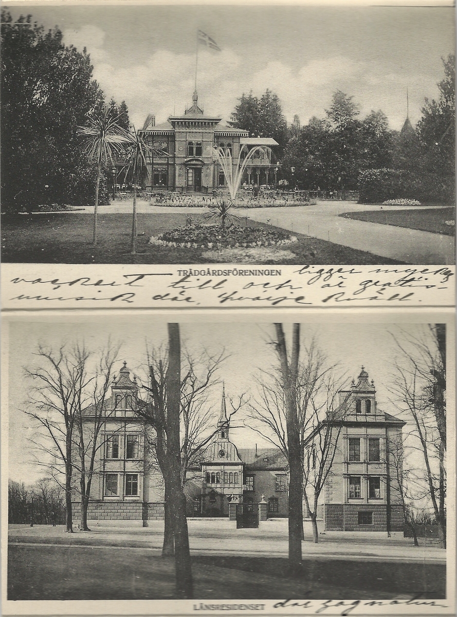 Vykort från centrala Linköping. Svartvitt tryck.
Motiv: Trädgårdsföreningen, Linköpings slott, Teatern.
Utgiven av Anna Höglanders Pappershandel.
Poststämpel 1906.