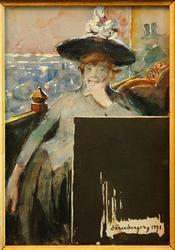 Caféinteriør med kvinne [Maleri]