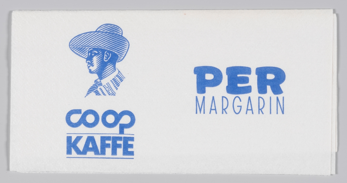 En mann med en bredbremmet hatt og reklame for Domus, Coop kaffe og Per magarin.

Samme reklametekst på MIA.00007-004-0217.