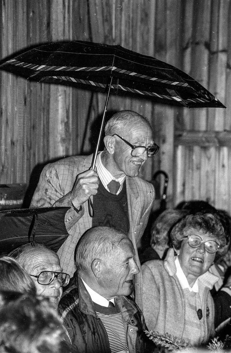 Gamle Drøbak verneforening har grillfest i hagen til Ringgården. Jan Kåre Øien med masse skjegg, hatt og busserull. Fra venstre: Erik Halvorsen, Jan Kåre Øien og Jan Petter Seim.