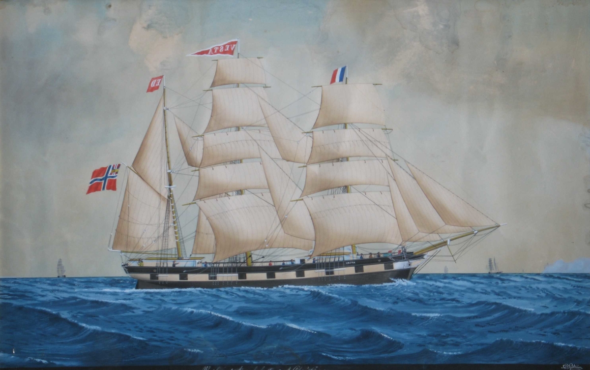 For fulle seil, kurs mot høyre. Sort skrog med kanonporter. Unionsflagg. Rederiflagg: E D  i hvitt på rødt.  Vimpel: "Vesta" i hvitt på rødt, hvit kant. Tricoloren på formasten.