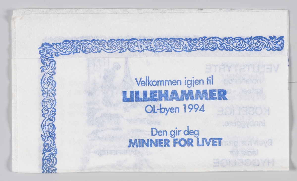 En tegning av en statue av Lillehammers grunnlegger og Storgaten, Maihaugen; "Tårnpetter" og Stortorget og beskrivelse og reklame for OL-byen Lillehammer.