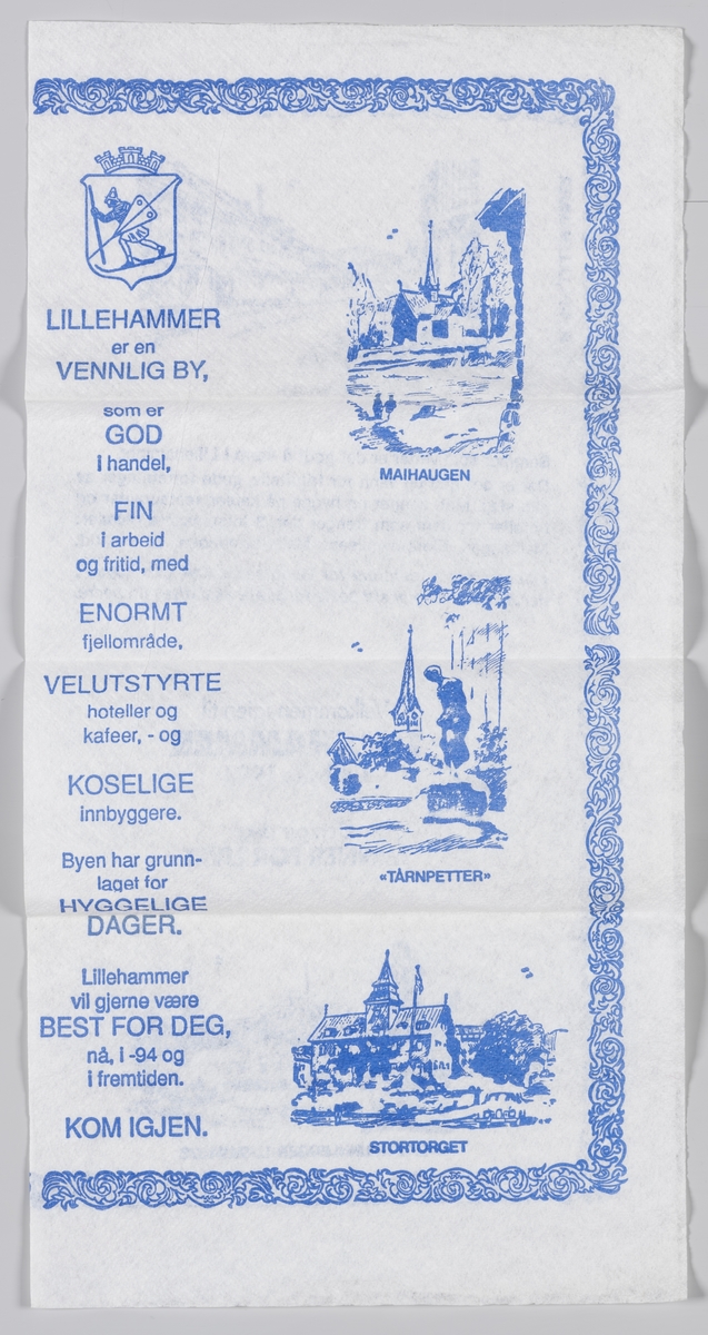 En tegning av en statue av Lillehammers grunnlegger og Storgaten, Maihaugen; "Tårnpetter" og Stortorget og beskrivelse og reklame for OL-byen Lillehammer.