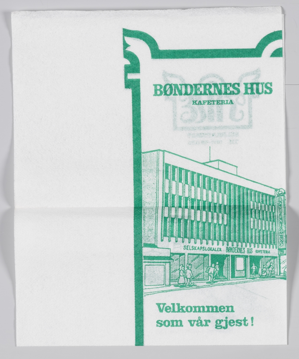 En tine med reklametekst en tegning av bygningen som huser kafeteriaen Bøndernes Hus i Lillehammer.