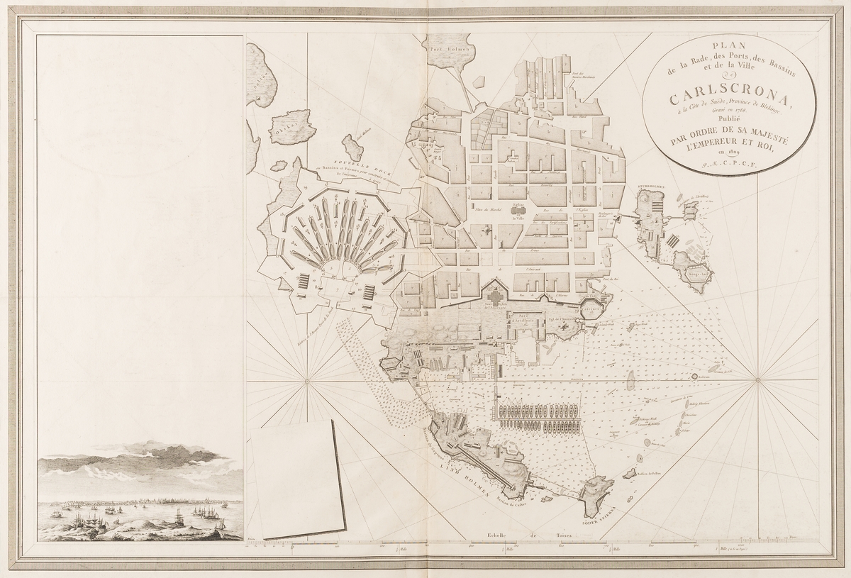 Verket består av två inbundna stadskartor från örlogsstaden Karlskrona. De var ursprungligen del av Fleurieus atlas "Neptune du Cattegatt et de la Mer Baltique" som innehåller 65 kartor. Första kartan visar gatunätet på Trossö samt örlogsvarvet på Lindholmen och Stumholmen. På vänster sidan finns en stadsvy som visar staden söderifrån med repslagarbanan på Lindholmen i centrum. Den andra kartan är ett förstorat utsnitt som visa området av örlogsvarvet.