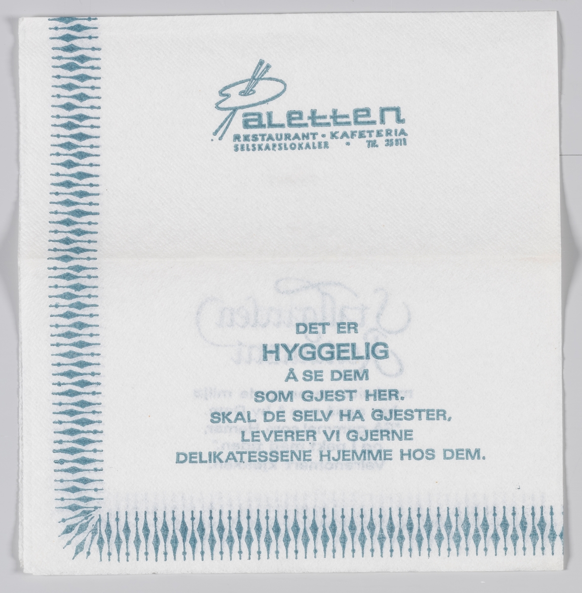 En palett og en reklametekst for Paletten restaurant og kafeteria og Stallgården restaurant på Hamar.