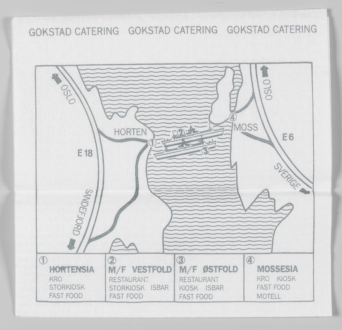 En tegning av Gokstad skipet og et kart over området Horten og Moss og en reklametekst for Gokstad catering.