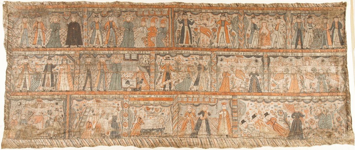 Bonadsmålning av okänd konstnär från Sunnerbogruppen utförd i tempera baserad på ägg och eventuellt mjöl (Nyström 2012:150-151) målad på grovt tuskaftvävt linnetyg. Motiven framställer bilder ur Kristi lidande historia samt Salomo som dömmer emellan två skökor.  "ANNO 1834" finns skrivet på del av vit bård till vänster om mitten.
Linnetyget består av två bredare horisontella våder hopsydda stad till stad samt en smalare hopsydd av två delar längs nederkanten. Ett par mindre papperslappar har använts som laglappar och limmades fast före målningen utfördes.

Inskrivet i huvudkatalog 1867.