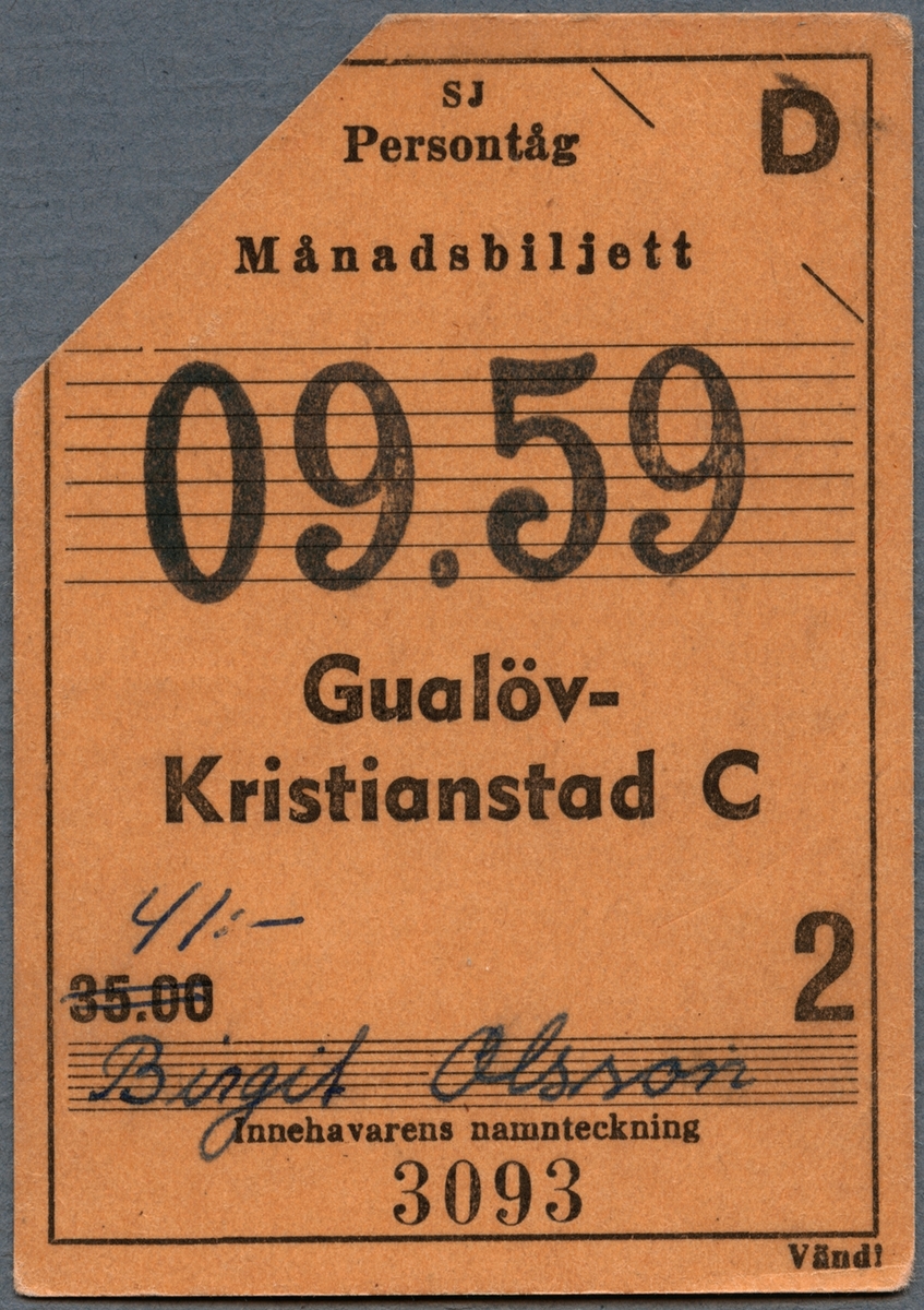 Femton månadsbiljetter för persontåg av beige kartong tryckt med svart text.
Biljetterna är från perioden september 1959 till december 1960, med uppehåll i augusti 1960 och oktober 1960. De tre sista biljetterna är för skolungdom.
På biljetternas framsida står följande text:
"SJ Persontåg
Månadsbiljett"
(stämpel för gällande månad)
"Gualöv-Kristianstad C"
samt pris och kortinnehavarens namnteckning. På baksidan finns regler/bestämmelser för biljetterna, samt plats för stationens datumstämpel.