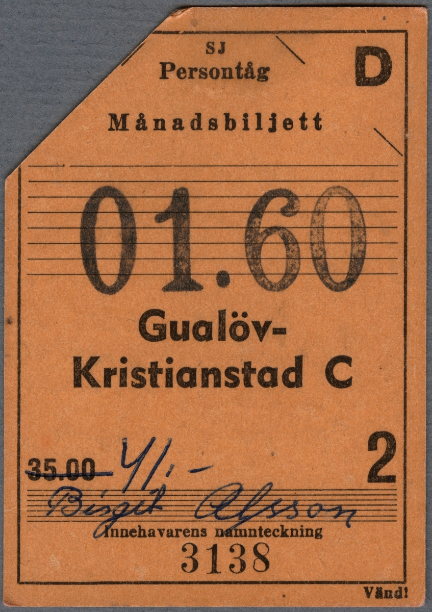 Femton månadsbiljetter för persontåg av beige kartong tryckt med svart text.
Biljetterna är från perioden september 1959 till december 1960, med uppehåll i augusti 1960 och oktober 1960. De tre sista biljetterna är för skolungdom.
På biljetternas framsida står följande text:
"SJ Persontåg
Månadsbiljett"
(stämpel för gällande månad)
"Gualöv-Kristianstad C"
samt pris och kortinnehavarens namnteckning. På baksidan finns regler/bestämmelser för biljetterna, samt plats för stationens datumstämpel.