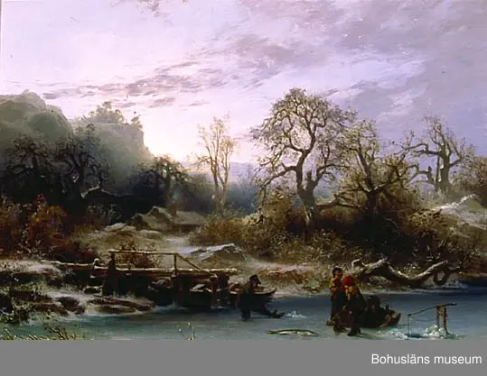 Carl Theodor Staaff. Född i Sverige 1816, död 1880.
Fiske på isen, 1865.
35 x 45. Olja på duk.

MONTERING/RAMNING
Kypertvävd linneduk spikad runt spännram-kilram med raka hörn.
Dekorerad förgylld träram av furu med raka hörn och avfasade ytterkanter.

UPPGIFTER PÅ BAKSIDAN
Blyertsanteckning på spännramen: "Prof. Schulanden Gla....bergs (?) gatan (?) 33"
På ramen sifferanteckningarna "11" med blå krita och "267" med blyerts.

Övrig historik se JJ01