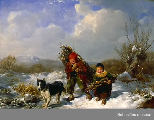 Per Gabriel Wickenberg. Född i Sverige 1812, död 1846.
Barn hembärande ved, 1844.
21 x 31. Olja på träpannå.

MONTERING/RAMNING
Tjock pannå (1,5 cm) av ek med avfasade kanter. 
Rikt dekorerad förgylld träram. Pannån inpassad i en troligen återanvänd ram och därför tillpassad med extra list samt tillskurna vinkorkar. Ramen tillverkad av med narar förstärkta hörn. En mängd hål i ramen.
På ramen rester av två typer av pappersremsor. På pannån finns endast den övre av dessa två papperskvalitéer.  

UPPGIFTER PÅ BAKSIDAN
På ramens nedre del en längre, oläslig handskriven text med tusch.
Märke efter troligen tidigare sigill på pannån.
Siffrorna 12 och 4 antecknade på ramen.
Rest av dekorerad etikett med stämplat "V".

Övrig historik se JJ01