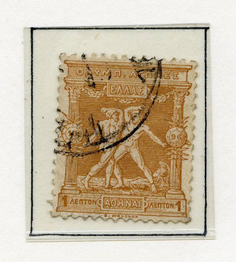 A4 ark av kartong med 12 frimerker med motiv fra de antikke olympiske leker. To av frimerkene er stemplet 30. IAN 1898. Tekst øverst på arket sammen med de olympiske ringer.