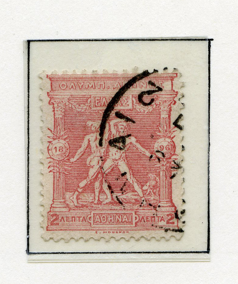 A4 ark av kartong med 12 frimerker med motiv fra de antikke olympiske leker. To av frimerkene er stemplet 30. IAN 1898. Tekst øverst på arket sammen med de olympiske ringer.