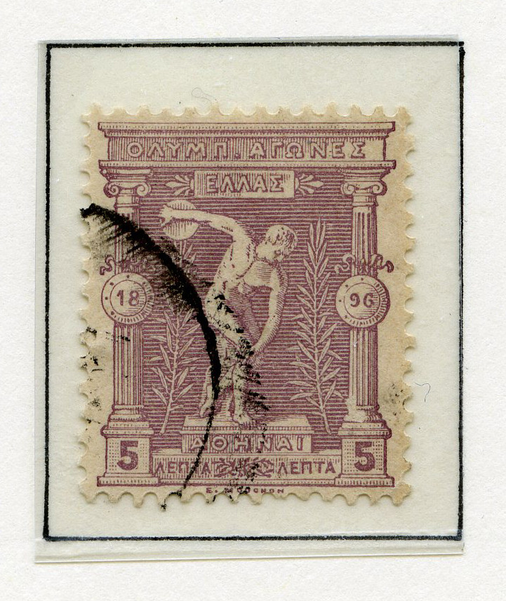 A4 ark av kartong med 12 frimerker med motiv fra de antikke olympiske leker. To av frimerkene er stemplet 30. IAN 1898. Tekst øverst på arket sammen med de olympiske ringer.