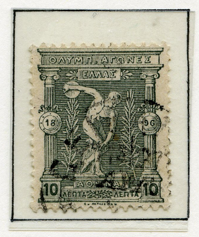 A4 ark av kartong med 12 frimerker med motiv fra de antikke olympiske leker. To av frimerkene er stemplet 30. IAN 1898. Tekst øverst på arket sammen med de olympiske ringer.