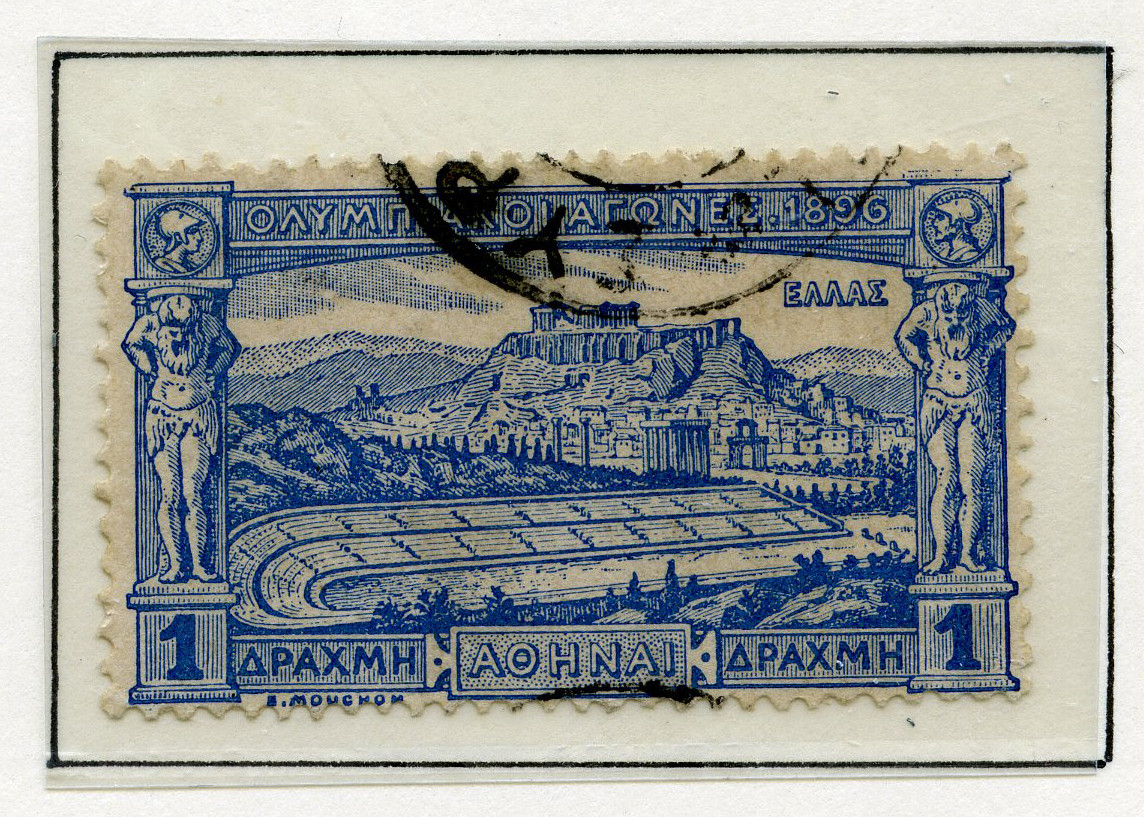 A4 ark av kartong med 12 frimerker med motiv fra de antikke olympiske leker. To av frimerkene er stemplet 30. IAN 1898. Tekst øverst på arket sammen med de olympiske ringer.