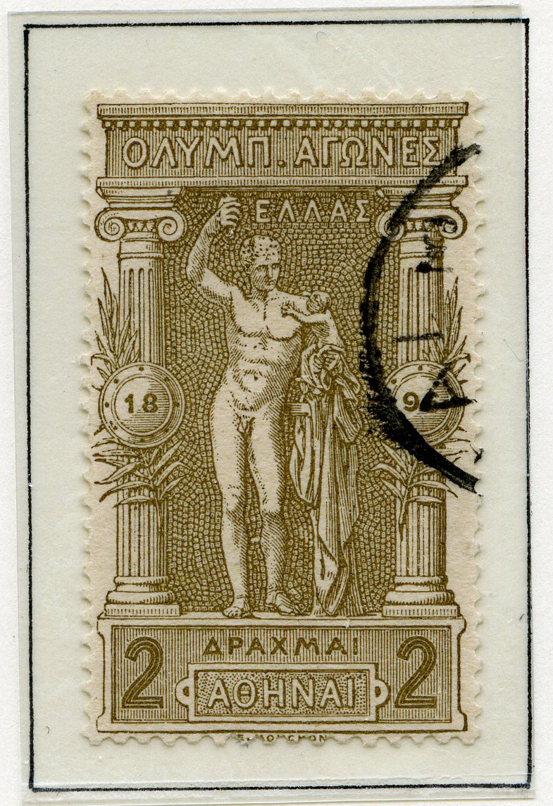 A4 ark av kartong med 12 frimerker med motiv fra de antikke olympiske leker. To av frimerkene er stemplet 30. IAN 1898. Tekst øverst på arket sammen med de olympiske ringer.