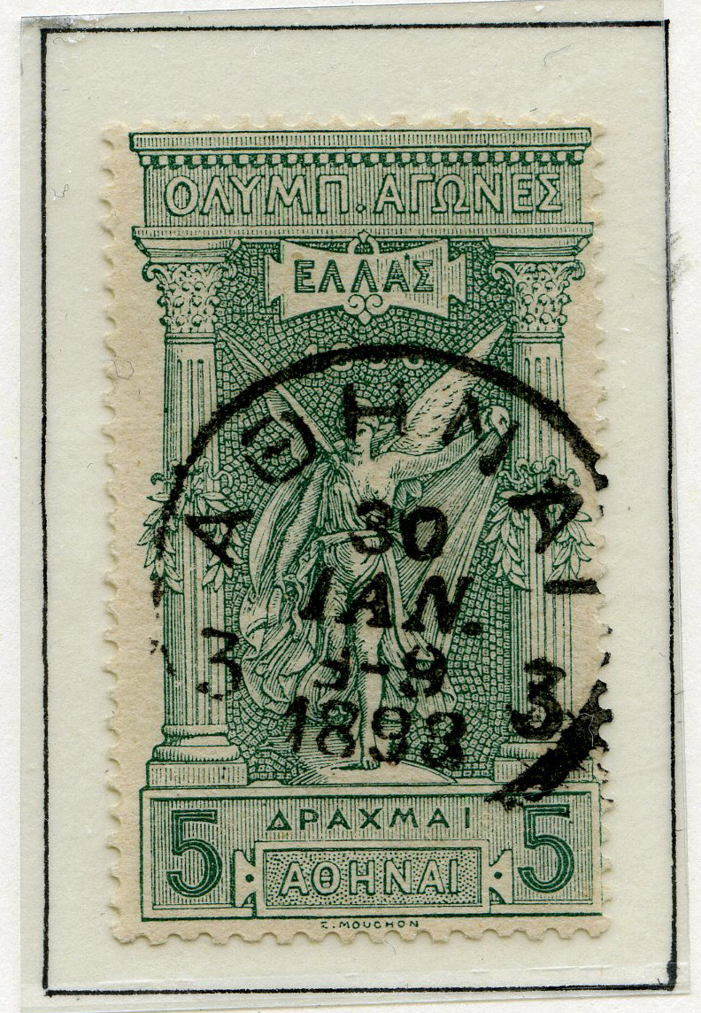 A4 ark av kartong med 12 frimerker med motiv fra de antikke olympiske leker. To av frimerkene er stemplet 30. IAN 1898. Tekst øverst på arket sammen med de olympiske ringer.