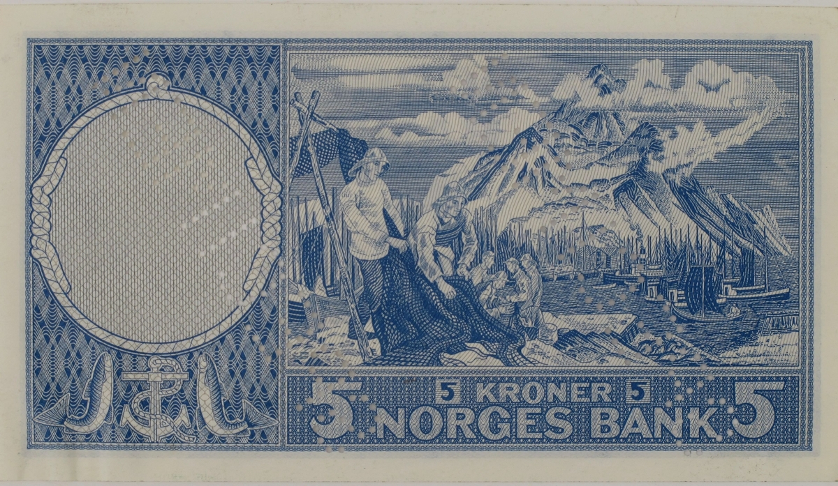 Motiv fra Lofotfisket, et fiskevær med høye lofotfjell i bakgrunnen, på den ene side, portrett av Fridtjof Nansen på den andre.