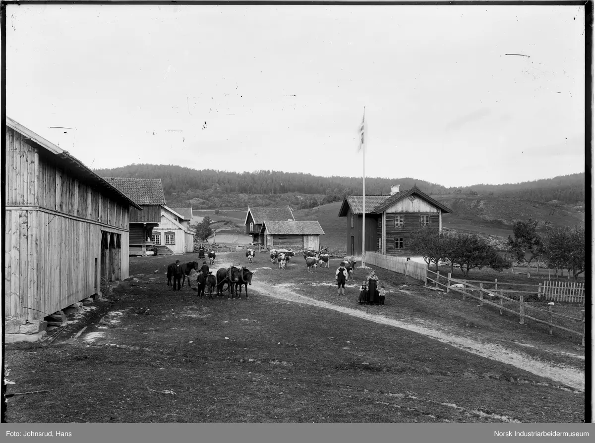 Gårdstun Su-Løkja med mennesker og dyr. To hester spent for plogen, føll gående ved siden av, kuer gående fritt på tunet. Bolig, stabbur og driftsbygning. Nord-Løkja ligger i bakgrunnen.