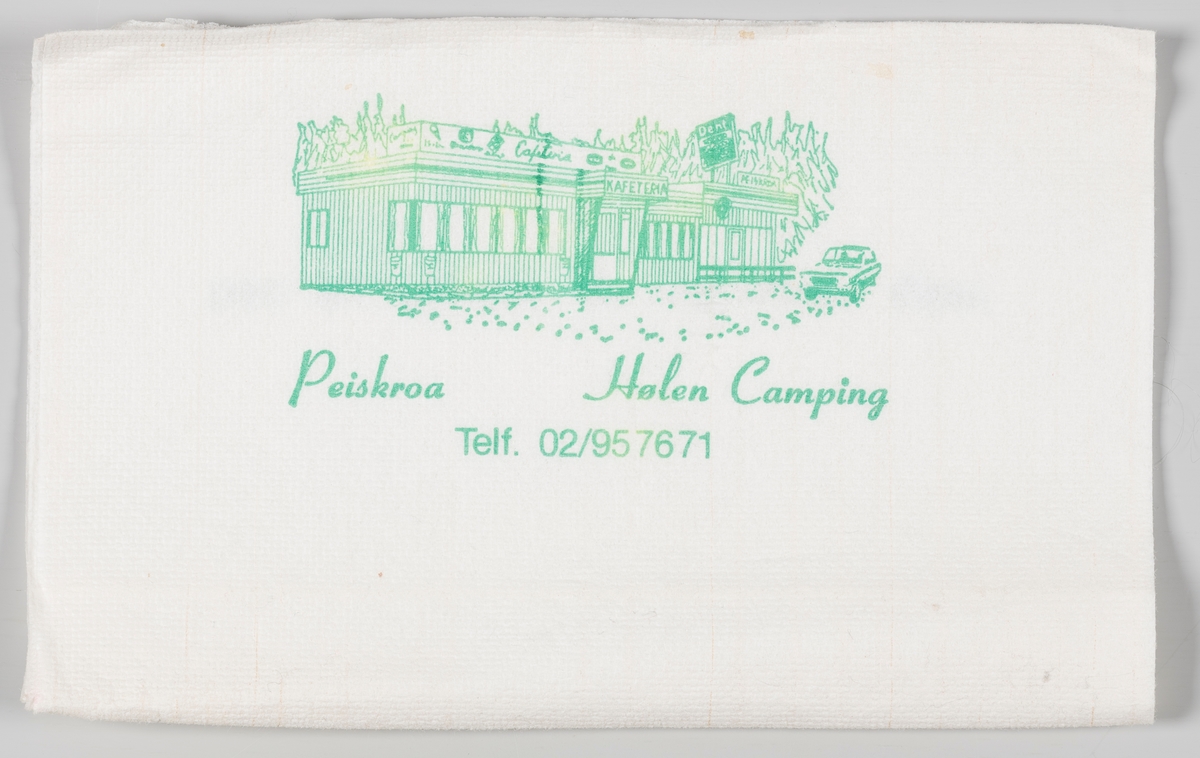 En tegning av bygningen og en reklametekst for Peiskro ved Hølen Camping i Vestby.