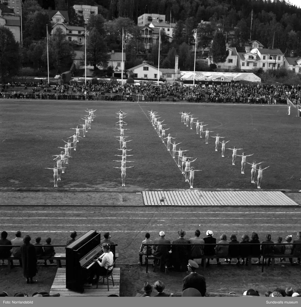 En stor serie bilder från firandet av Svenska flaggans dag 1956. Parad på Storbron med paradorkester, militär, scouter och mängder av olika föreningar och förbund. Därefter högtidlig uppställning i Idrottsparken med bland annat tal, körsång, gymnastikuppvisning och folkmusik.