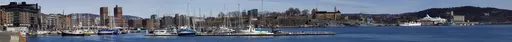 Panorama, byprospekt, utsikt, fjord, byggevirksomhet, havn, skip, båt, Akershus Festning, Rådhuset, containere, kran