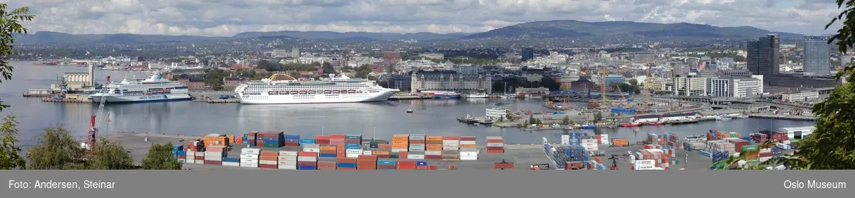 Panorama, utsikt, cruiseskip, havn, fjord, turistbåter, Rådhuset, Akershus Festning, Vippetangen, Sørenga, Ekebergåsen,