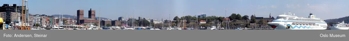 Panorama, utsikt, cruiseskip, havn, fjord, turistbåter, Rådhuset, Akershus Festning, Vippetangen, Sørenga, Ekebergåsen,